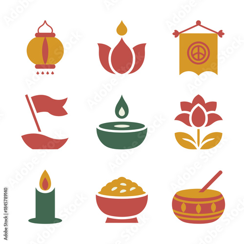 Buddhist offering icon set, oil lamp lotus candle prayer flag bowl symbols, temple ritual elements, flat vector illustration