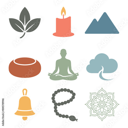 Meditation and mindfulness icon set, leaf candle mountain bell bowl cloud symbols, calm spiritual practice, flat vector illustration