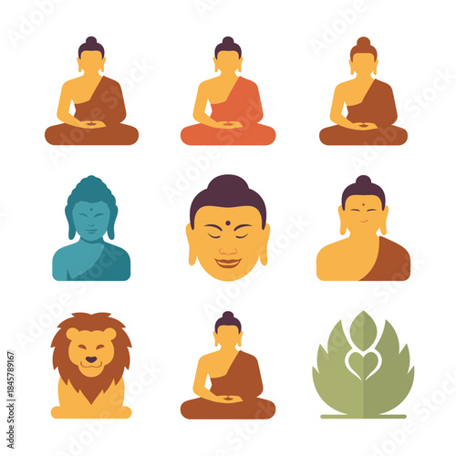 Buddha figure icon collection, meditation poses spiritual characters lotus symbols, enlightenment teaching concept, flat vector illustration