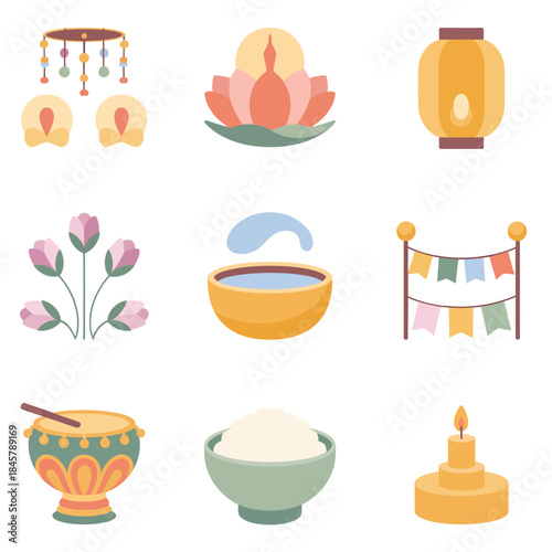 Sacred offering illustration set, lotus flower lamp bowl incense candle symbols, religious ritual items, flat vector illustration