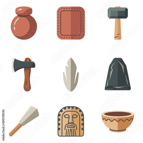 Ancient stone tool icon set, hammer chisel axe pottery carving artifacts, primitive craftsmanship symbols, flat vector illustration