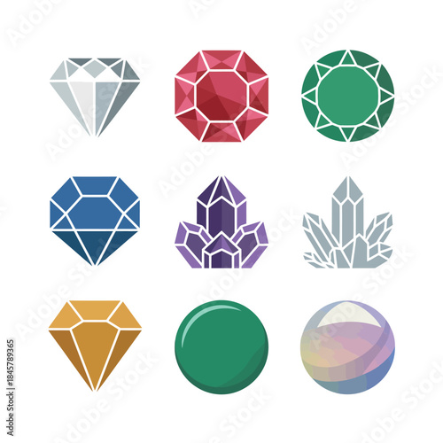 Crystal and diamond icon set, gemstone cuts ruby emerald sapphire, shining jewel shapes, luxury jewelry, flat vector illustration