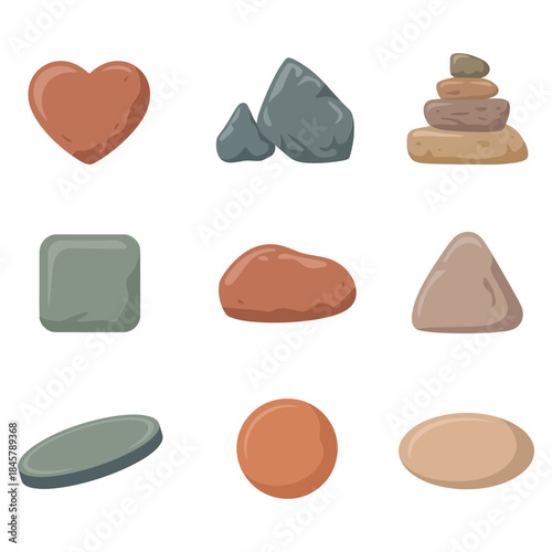 Natural stone shape collection, pebbles rocks hearts squares ovals, organic ground elements, earthy flat vector illustration design set