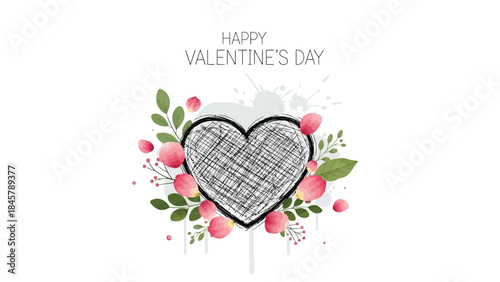 Valentine's day celebration with heart and flowers on white background
