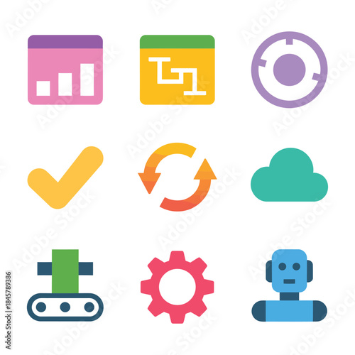 Digital workflow management icon collection, process flow checklist cloud automation robot symbols, productivity system, colorful flat vector design