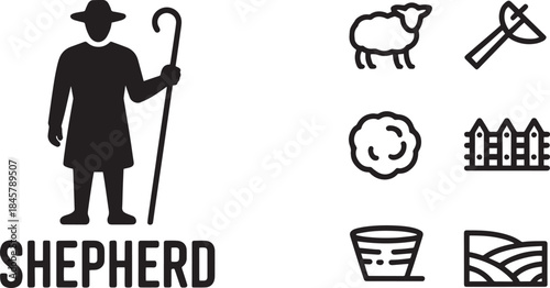 Shepherd silhouette vector icon set, man with crook and farm animals
