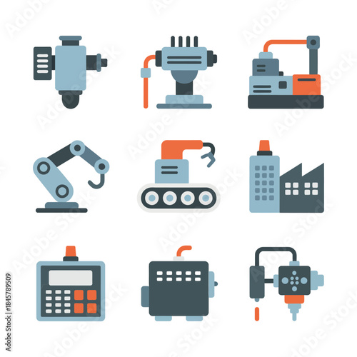 Industrial control system icon collection, plc controller valve pump factory robot, automation technology workflow, flat vector design
