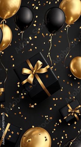 Festive black background with golden and black balloons, floating confetti, and luxury gift boxes with gold ribbons