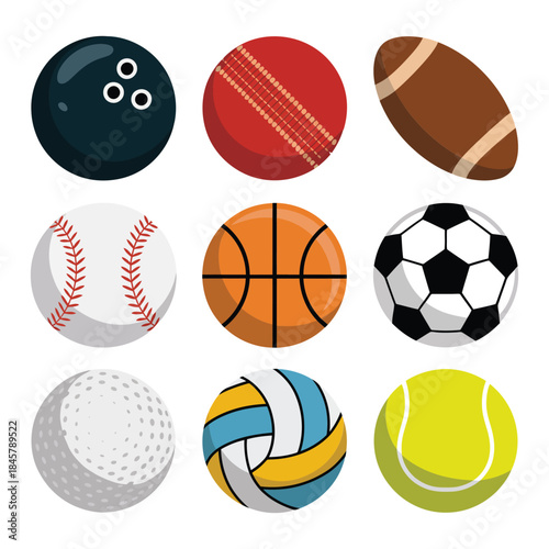 Sports ball icon collection, soccer basketball baseball tennis volleyball golf bowling balls, athletic equipment set, colorful flat vector illustration