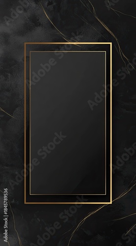 Luxurious black marble background with delicate gold veining and thin golden border frame