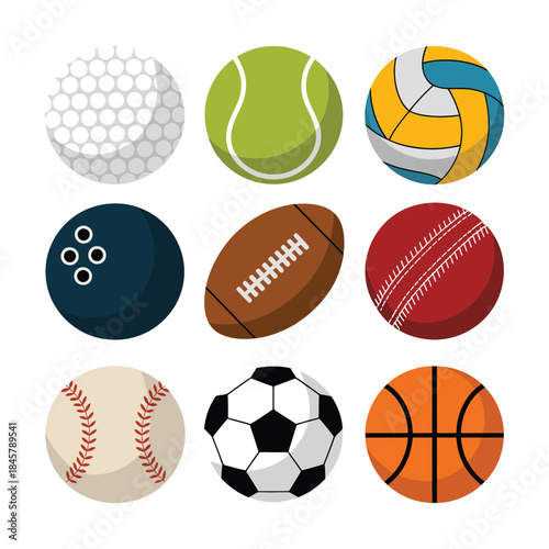 Sports ball square icon grid, soccer basketball tennis baseball volleyball bowling, athletic play symbols, modern flat vector illustration