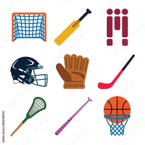 Team sports equipment icon collection, hockey lacrosse baseball basketball soccer gear, training accessories, flat vector design