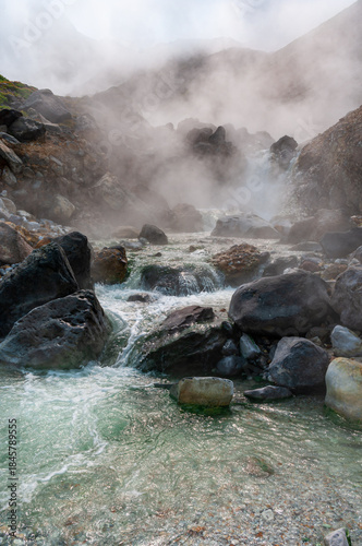 Mountain landscape at Paramushir Island, Kuril Islands, Russia. The Yurievskie hot springs