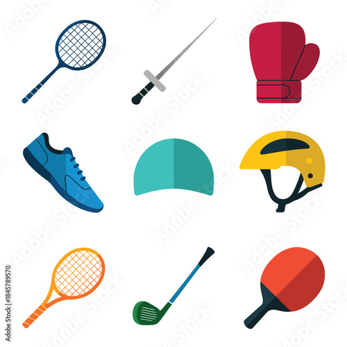 Athletic equipment icon collection, racket sword boxing glove helmet shoe, training accessories, modern flat vector illustration, sports fitness