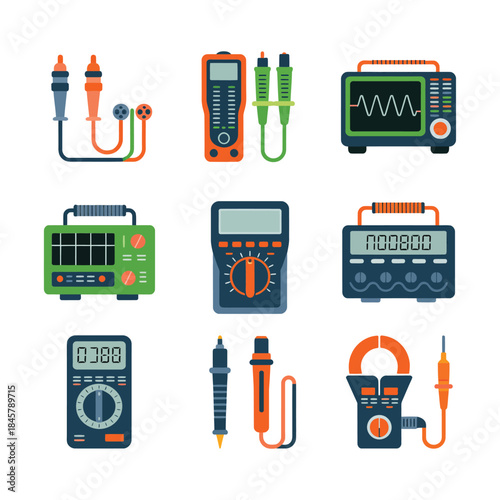 Electrical testing instrument icon set, multimeter oscilloscope probes cables signal measurement devices, electronics diagnostics, flat vector illustration