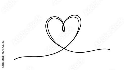A delicate continuous line drawing of a heart shape on a plain white background with a flowing line