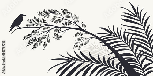 Minimalist illustration of a bird on a branch with tropical leaves, vector