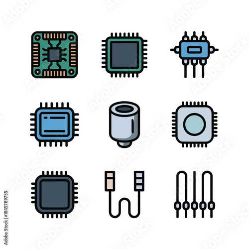 Embedded system icon set, microcontroller chip sensor module pin components, electronics engineering, flat vector illustration