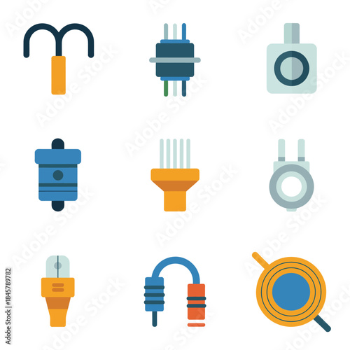 Electrical plug and connector icon set with power cable socket adapter charging elements, modern energy supply flat vector illustration