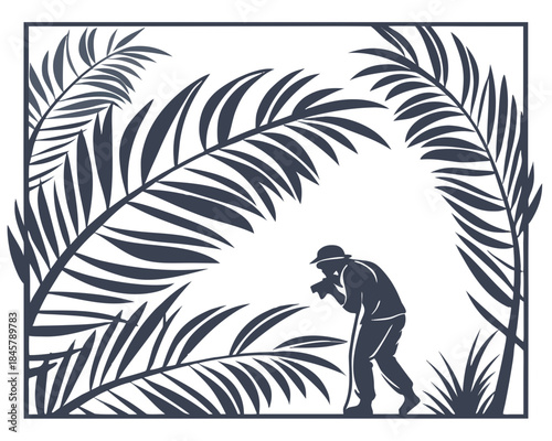 A photographer captures moments in a lush tropical jungle, vector