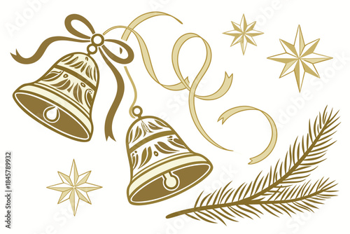 Christmas bells and stars with a pine branch, vector