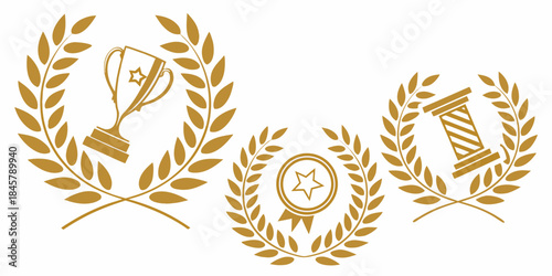 Golden laurel wreaths with achievement and barbershop symbols, vector
