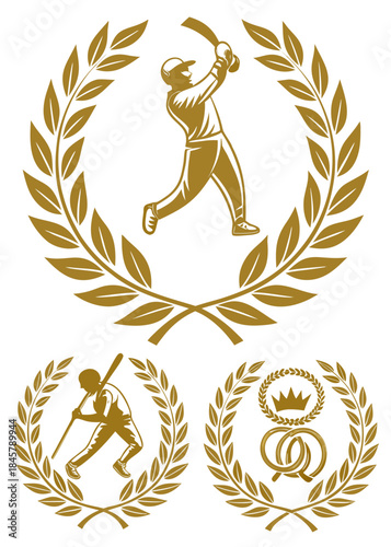 A collection of golden laurel wreaths with sports and celebratory symbols, vector