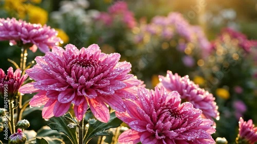 Pink Chrysanthemum Flowers Blooming in Garden at Sunset.