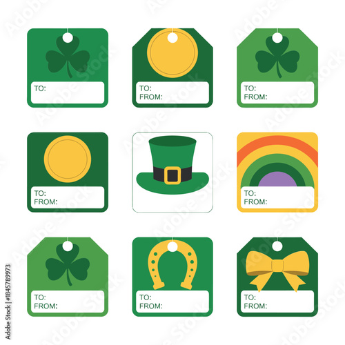Irish holiday price tag collection featuring shamrock gold coin leprechaun hat rainbow lucky symbols Saint Patricks flat vector design