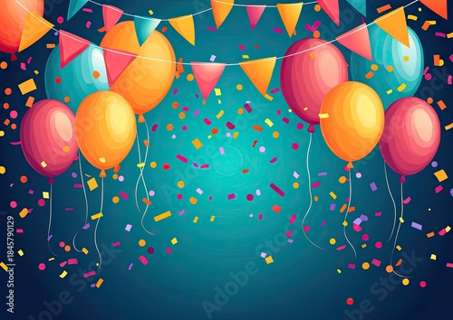 Clusters of bright multicolored balloons with triangular bunting and abundant confetti falling over a vivid blue background