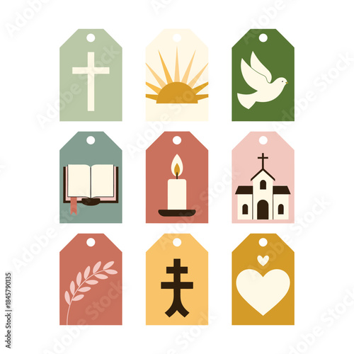 Christian celebration gift tag collection featuring cross church dove candle heart symbols modern flat vector design