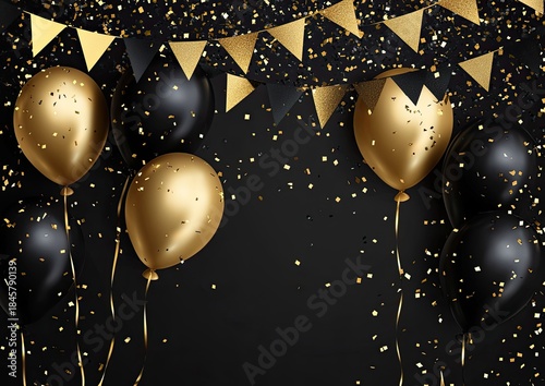Shiny black and gold balloons paired with golden triangular bunting and scattered confetti against a deep black background for a luxurious party vibe