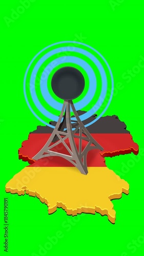A radio/broadcast antenna (tower) centered on an outline map of Germany, painted with the national flag (Black, Red, Gold). Solid green screen with alpha channel. Vertical format loop.