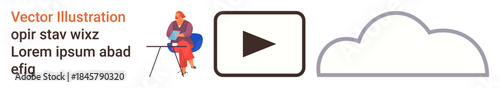 Cloud computing, remote work, video streaming, digital storage, online collaboration, technology services. Person working at desk, cloud icon play button. Remote work and cloud computing concepts