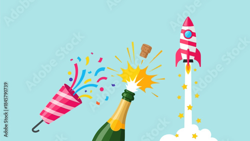 Celebrating the arrival of 2026 with a festive bottle of champagne, colorful balloons, and noisemakers, signifying joy and new beginnings