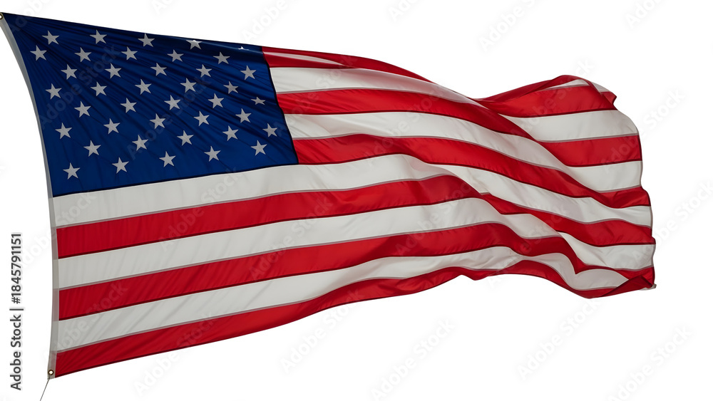 Fototapeta premium Vibrant American flag waving proudly, stars and stripes against a dark background.