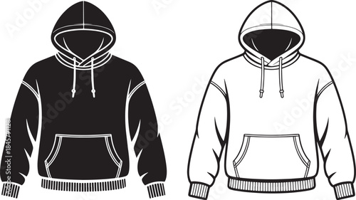"Vector Style Illustration of Two Hoodies in Black and White – Casual Fashion Icons & Clothing Graphics"