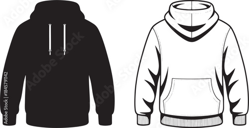"Vector Style Illustration of Two Hoodies in Black and White – Casual Fashion Icons & Clothing Graphics"