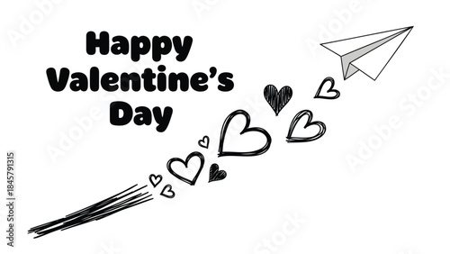 Black and white valentine's day illustration of hearts flying with paper airplane expressing love on white background