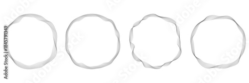 Flowing grey curves form circular patterns on white backdrop. Digital stripes create dynamic motion with smooth transitions for modern graphic templates and creative projects.