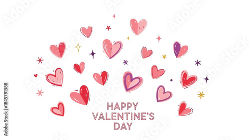 Colorful valentine's day greeting with floating hearts and stars on white background for love and romance
