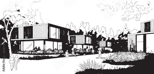 "Clean Architectural Vector Elevation Design with Modern Buildings and Urban Landscape"