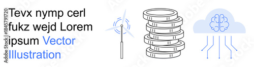 Renewable energy, AI advancements, technology, digital economy, sustainability, cloud computing. ion of a wind turbine, stacked coins and cloud computing icon. Renewable energy and AI concept