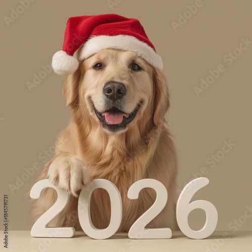 Happy golden retriever dog wearing a red Santa hat touching 2026 numbers, celebrating New Year and holiday season.