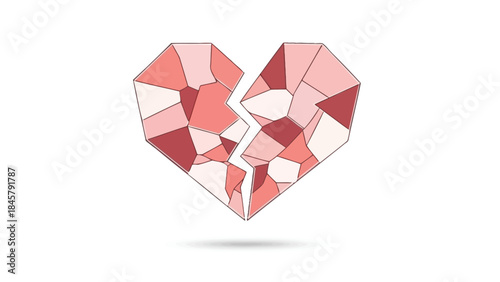 A broken pink crystal heart with multiple facets on a white background symbolizing love loss and heartbreak