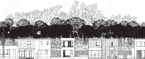 "Clean Architectural Vector Elevation Design with Modern Buildings and Urban Landscape"