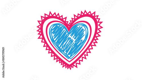 A blue heart with pink outline and zigzag border drawn in a childish playful crayon style on white background