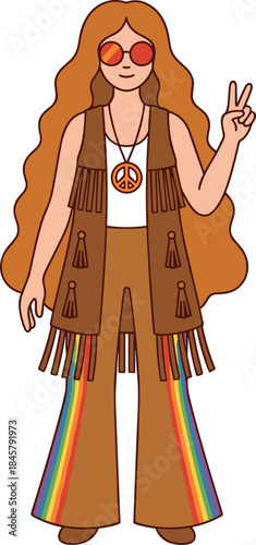 Hippie fashion character, peace sign pose, rainbow pants, fringe vest, retro style, 70s vibe, sunglasses, necklace, cultural icon, cartoon illustration
