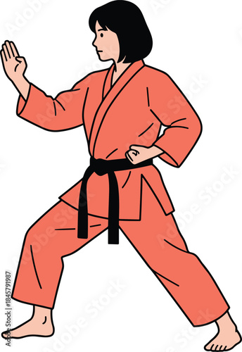 Martial arts expert in red uniform, black belt pose, karate stance, self-defense training, discipline, strength, kata, combat, focus