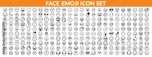 Face emoji icon set. Hand drawn doodle sketch style happy, angry, sad mood face emoticon background. Funny cartoon characters smile, wink, kiss emoji